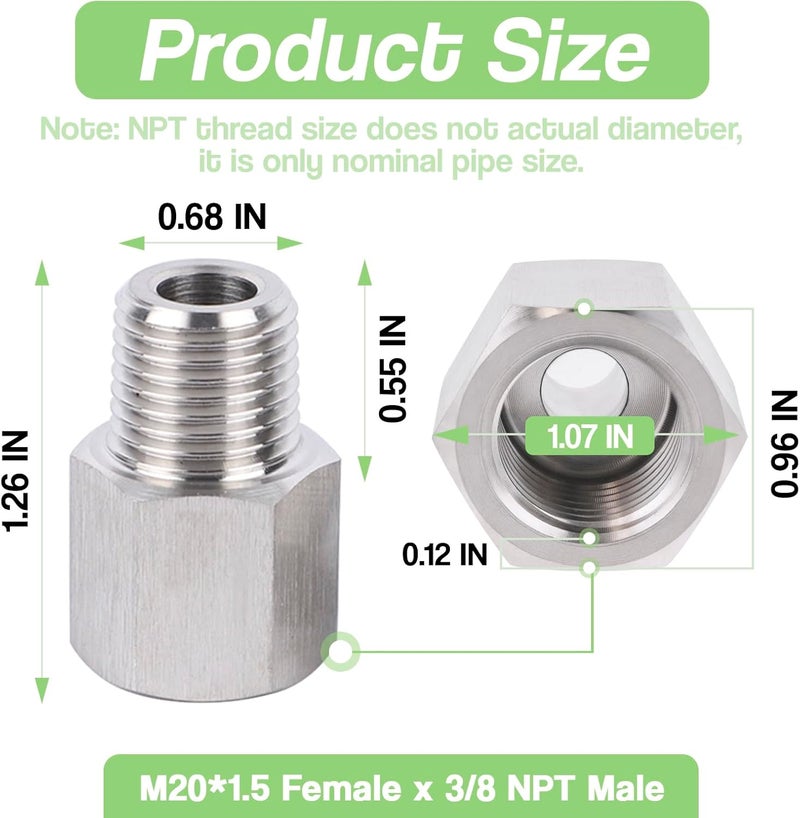 Goldpea Stainless Steel 304 M20*1.5 Female Thread x 3/8" NPT Male Adapter Metric Convert NPT Pipe Fiiting for Pressure Gage 1pc - Image 1